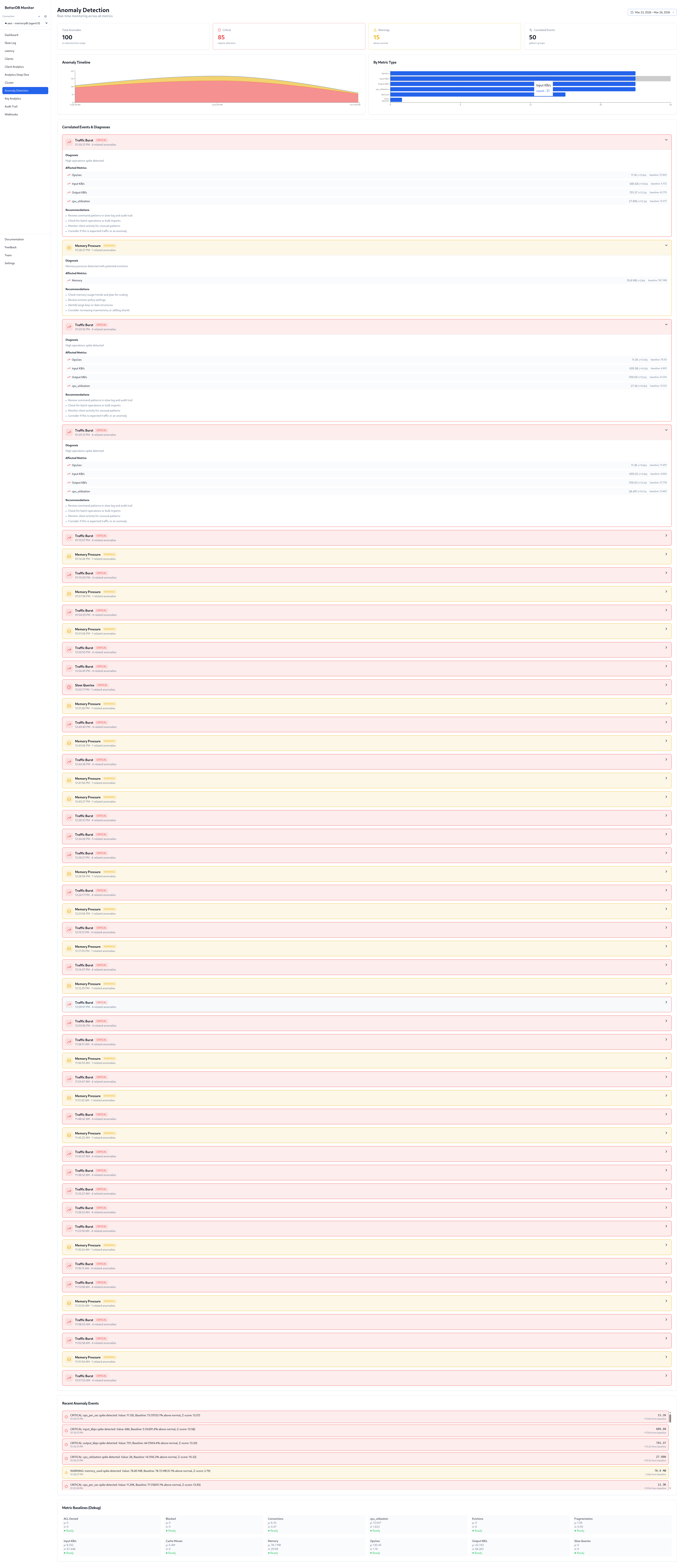Anomalies detected during the incident - timeline, metric breakdown, and expanded Traffic Burst anomaly