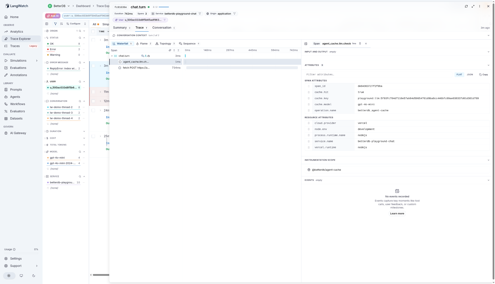 Span detail panel for the cache-hit trace: agent_cache.llm.check span attributes showing cache.hit true, the cache.key, cache.model gpt-4o-mini, and @betterdb/agent-cache as the instrumentation scope alongside Vercel resource attributes